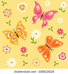 Seamless pattern with butterflies and flowers. Colorful background for spring and summer design. Vector colored endless texture.