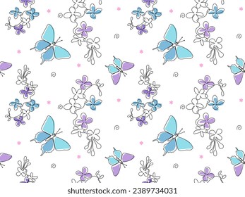 Seamless pattern with butterflies and flowers, continuous one line art drawing