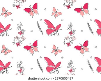 Seamless pattern with butterflies and flowers, continuous one line art drawing