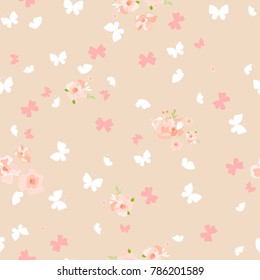 Seamless pattern with butterflies and flowers. Cute background for design of fabric, paper, wrappers and wallpaper. Baby print.