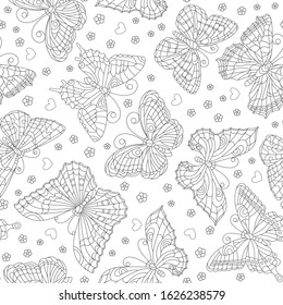 Seamless pattern with butterflies and flowers , dark outlines on white background