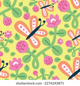 Seamless pattern with butterflies and flowers. Fashionable background in a flat style.