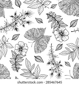 Seamless pattern with butterflies, flowers and floral elements, textured background for your design projects, textile, wrapping, wallpaper, web