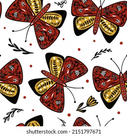 Seamless pattern with butterflies and flowers in folk style. Butterfly endless wallpaper. Cute flying insect print. Animal folklore motif. Design for fabric, textile, wrapping. Vector illustration