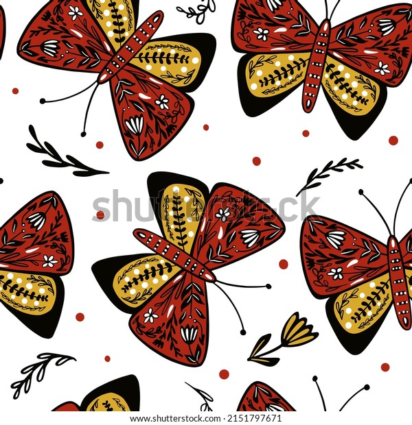 Seamless pattern with butterflies and flowers in folk style. Butterfly endless wallpaper. Cute flying insect print. Animal folklore motif. Design for fabric, textile, wrapping. Vector illustration