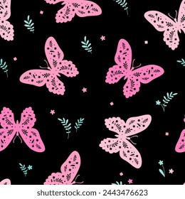 Seamless pattern with butterflies and flowers. Hand drawn vector illustration.