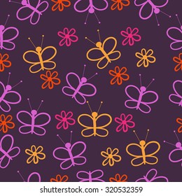 Seamless   pattern of   butterflies, flowers. Hand drawn.