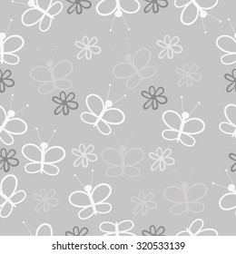 Seamless   pattern of   butterflies, flowers. Hand drawn.