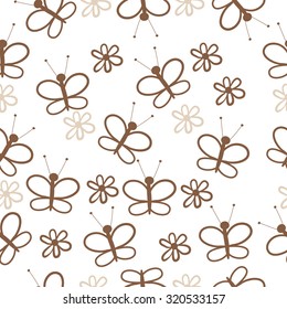 Seamless   pattern of   butterflies, flowers. Hand drawn.