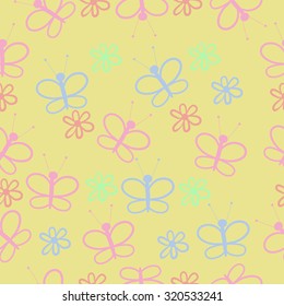 Seamless   pattern of   butterflies, flowers. Hand drawn.