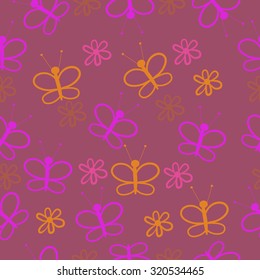 Seamless   pattern of   butterflies, flowers. Hand drawn.