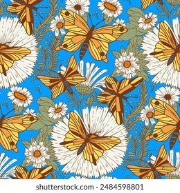 Seamless pattern with butterflies and flowers.  Hand-drawn illustration. Vector
