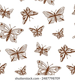 Patrón sin costuras con mariposas y flores.  Ilustración dibujada a mano. Vector