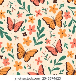 Seamless pattern with butterflies, flowers and leaves. Vector graphics.