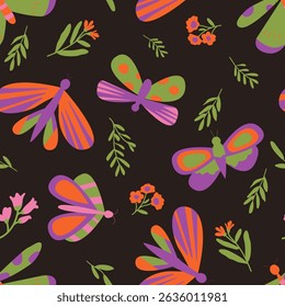 Nahtloses Muster mit Schmetterlingen, Blumen und Blättern. Vektorgrafiken. Ideal für Textilien, Verpackungspapier, Design.