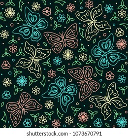 Seamless pattern with butterflies and flowers. Linear style colorful background. Vector colored endless texture.