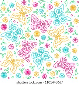 Seamless pattern with butterflies and flowers. Linear style colorful background. Vector colored endless texture.