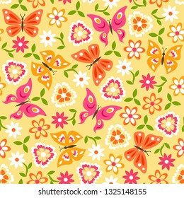 Seamless pattern with butterflies and flowers for Mother's Day, Women's Day, Children's Day, spring and summer design. Colorful background, wrapping, fabric, textile. Vector colored endless texture.