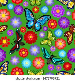 Seamless pattern, butterflies and flowers on a green background