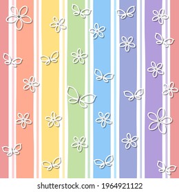 Seamless pattern with butterflies and flowers on background of rainbow colors. Vector illustration. Cartoon flat style