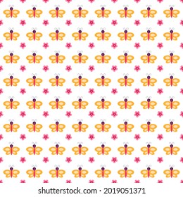 Seamless pattern of butterflies and flowers on white background.