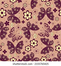 Patrón inmaculado con mariposas y flores sobre un fondo marrón. Vector eps 10
