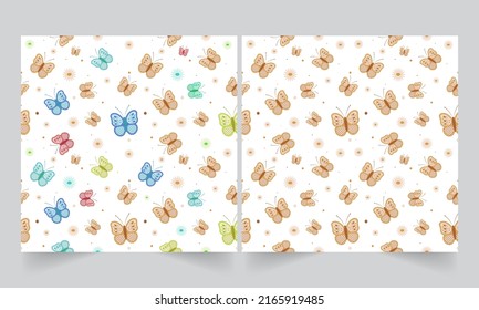 Seamless Pattern Of Butterflies And Flowers On White Background In Two Options.
