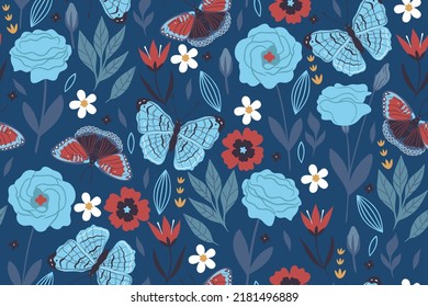 Patrón inmaculado con mariposas y flores sobre un fondo azul. Gráficos vectoriales.