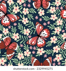 Seamless pattern with butterflies and flowers on a dark blue background. Floral cute spring background. Design for fabric textiles or other surfaces. Vector illustration.