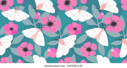 Patrón sin costuras con mariposas y flores sobre un fondo de hojas. Impresión abstracta de la naturaleza del verano. Gráficos vectoriales.