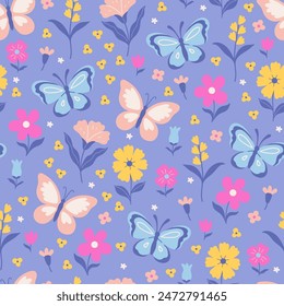 Seamless pattern of butterflies and flowers on a purple background. Vector graphics.