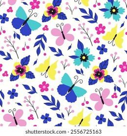Seamless pattern with butterflies and flowers on a white background. Vector graphics.