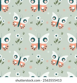 Seamless pattern with butterflies and flowers on a gray background