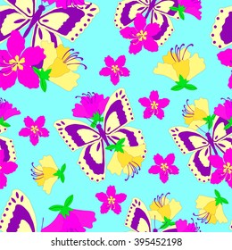 Seamless pattern, butterflies and flowers on a blue background