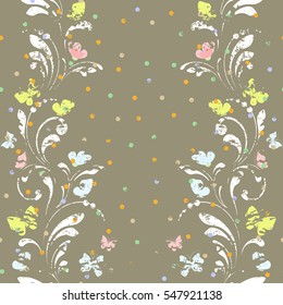 Seamless pattern of butterflies and flowers. Polka background paper, Wallpaper, fabric, textiles, ribbons, edges. Vintage style.