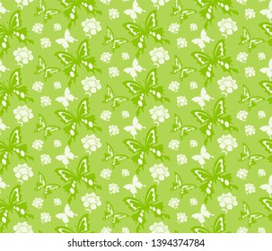 Seamless pattern with butterflies and flowers. Retro vintage art design. Green background texture. Textile print design. Decorative elegance pattern. Vector image