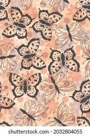 un diseño impecable con mariposas y flores, estilo retro de los años 70, tonos pastel