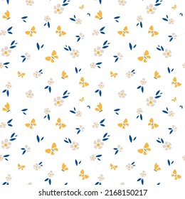 Seamless pattern of butterflies and flowers. Romantic vintage background for textile, fabric, decorative paper on a white background.