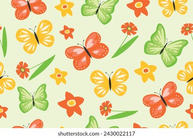 Seamless pattern with butterflies and flowers. Spring background. Vector.