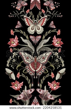 Seamless pattern with butterflies and flowers. Trendy vector print