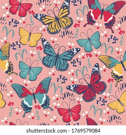 Seamless pattern with butterflies and flowers. Vector graphics.