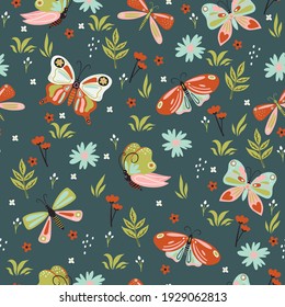 Seamless pattern with butterflies and flowers. Vector graphics.