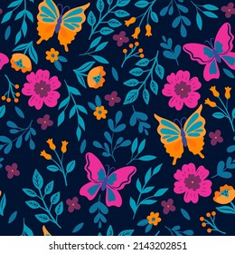 Seamless pattern with butterflies and flowers. Vector graphics.