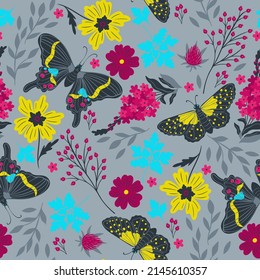 Patrón sin foco con mariposas y flores. Gráficos vectoriales.