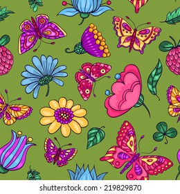 Seamless pattern with butterflies and flowers. Vector cartoon background.