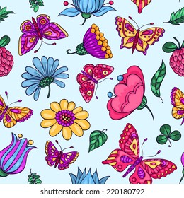 Seamless pattern with butterflies and flowers. Vector cartoon background.