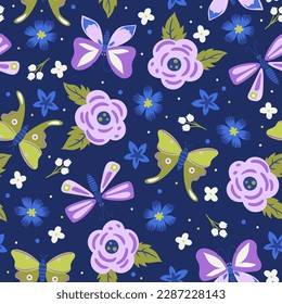 Seamless pattern with butterflies and flowers. Vector graphics.