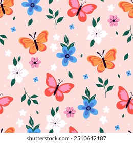 Seamless pattern with butterflies and flowers. Vector graphics.