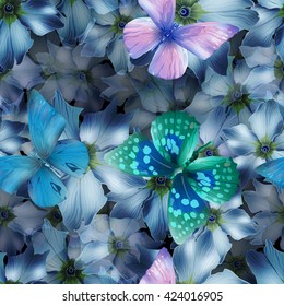 Seamless pattern from butterflies and flowers vector illustration, clip-art