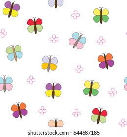 Seamless pattern with butterflies and flowers. Vector picture of moths. Children's drawing.